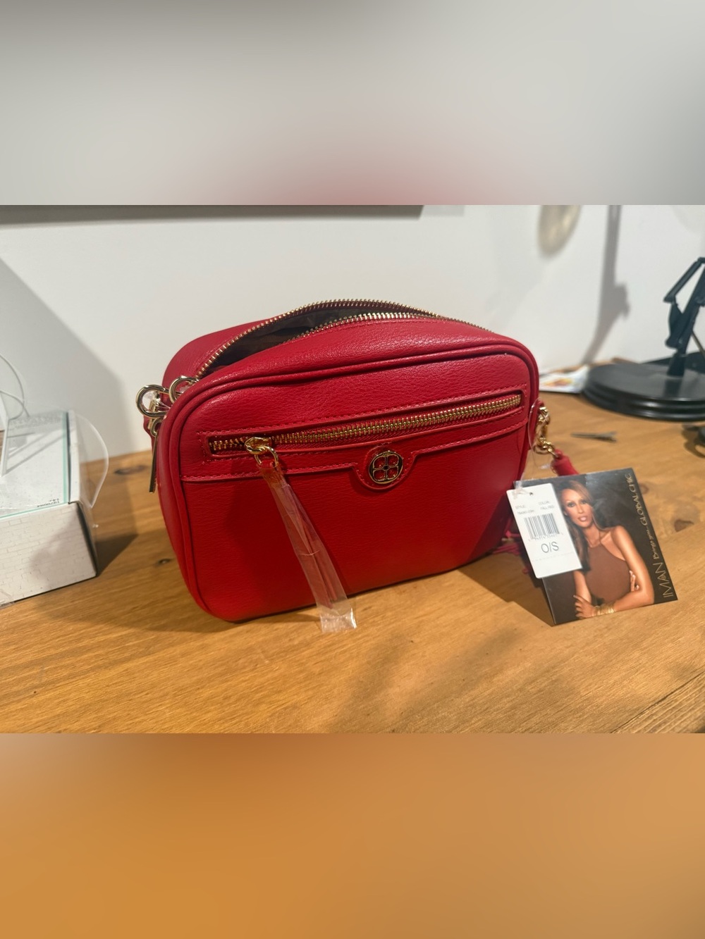 IMAN Red Crossbody Bag with Gold Accents